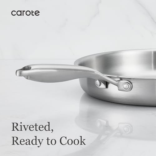 CAROTE 3-Piece Tri-Ply Stainless Steel Frying Pan Set, Skillet Set 8"/10"/12", Induction Compatible, Oven & Dishwasher Safe, Silver Handle