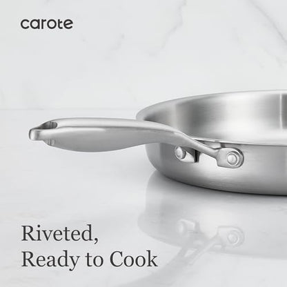 CAROTE 7-Piece Tri-Ply Stainless Steel Frying Pan Set, Skillet Set 8"/10"/12", Induction Compatible, Oven & Dishwasher Safe, Silver Handle