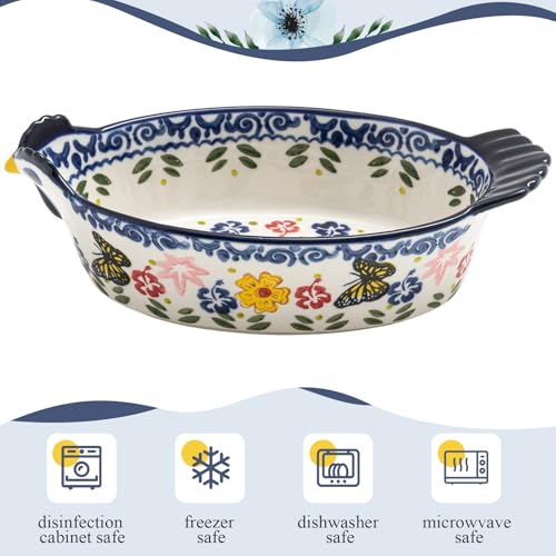 Uiifan 27 oz Ceramic Casserole Dishes Chicken Shape Vintage Pie Pan Bakeware Butterfly and Flower Pattern Plate Lasagna Pans Soup Bowl for Oven, Dishwasher and Microwave Safe