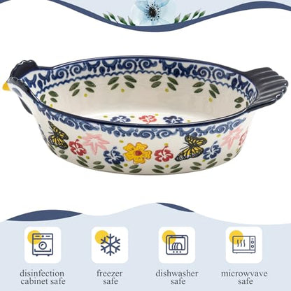 Uiifan 27 oz Ceramic Casserole Dishes Chicken Shape Vintage Pie Pan Bakeware Butterfly and Flower Pattern Plate Lasagna Pans Soup Bowl for Oven, Dishwasher and Microwave Safe