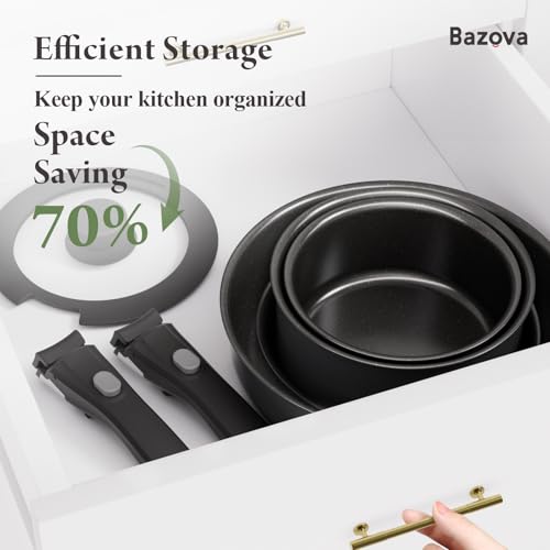 Bazova Ceramic Nonstick Cookware Set, Healthy,Non Toxic,17-Pieces Pots and Pans Set Removable Handles,Induction RV Kitchen Set,Stain & Scratch-resistant,Dishwasher/Oven Safe,PFAS/PFOA Free,Black