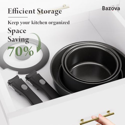 Bazova Ceramic Nonstick Cookware Set, Healthy,Non Toxic,17-Pieces Pots and Pans Set Removable Handles,Induction RV Kitchen Set,Stain & Scratch-resistant,Dishwasher/Oven Safe,PFAS/PFOA Free,Black