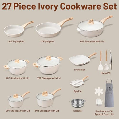 AOSION 27PCS Pots and Pans Set, Nonstick Ceramic Cookware Set, Healthy Kitchen Cooking Set with Gloves, Apron, Silicone Tools & Pot Protectors, Oven & Dishwasher Safe, PFOA/PFOS Free，Ivory
