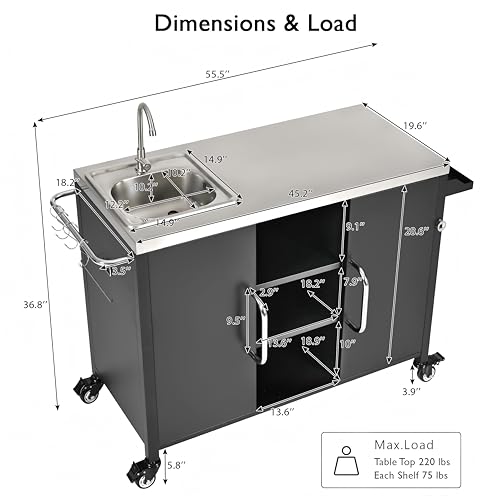 Merax 55.5" Outdoor Kitchen Island, Metal Grill Cart Table with 304 Stainless Steel Sink, Outdoor Bar Cart Sink Station with 4 Lockable Wheels for Pizza Prep & BBQ, Black