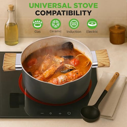 NutriChef 14-Piece Non-Stick Ceramic Cookware Set - Induction Safe Pots and Pans with Glass Lids, Cool-Touch Handles, Even Heat Distribution, Dishwasher Safe, Includes Ladle, Tong, Spatula (Black)