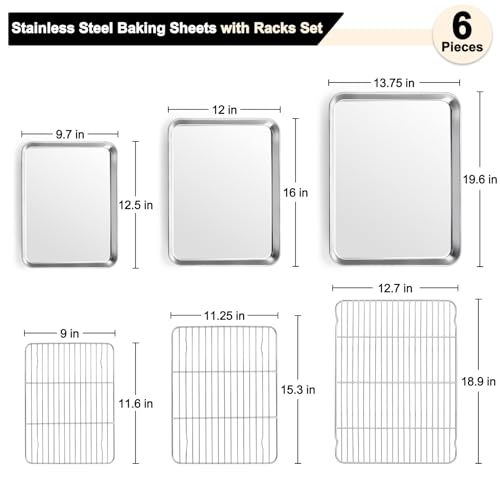 TeamFar Baking Sheet with Rack Set (3 Pans + 3 Racks), 19.6/16/12.5 Inch Stainless Steel Cookie Sheets Baking Pans Trays and Cooling Racks for Cooking Roasting, Non-Toxic & Heavy Duty, Dishwasher Safe