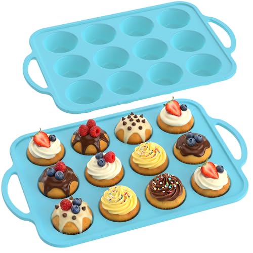 RCMo 2Pack Silicone Muffin Pan for Baking with Metal Reinforced Frame, 12 Cup Regular Size Cupcake Pan, BPA Free Silicone Muffin Tray, Cupcake Baking Pan Molds for Oven Dishwasher Safe - Blue
