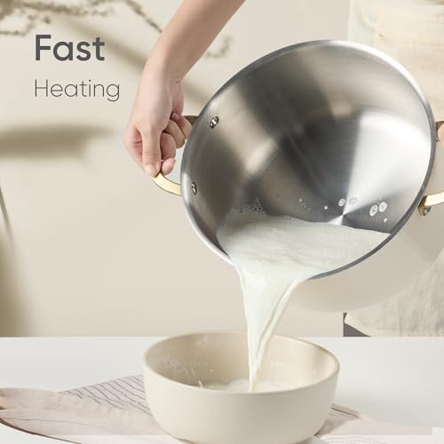 CAROTE 6QT Full Clad Tri Ply Stainless Steel Stock Pot with Lid, Kitchen Stockpot Soup Pot, Outer Ceramic Layer, Even Heating, All Stoves Compatible, Oven & Dishwasher Safe, Stay Cool Handle, White