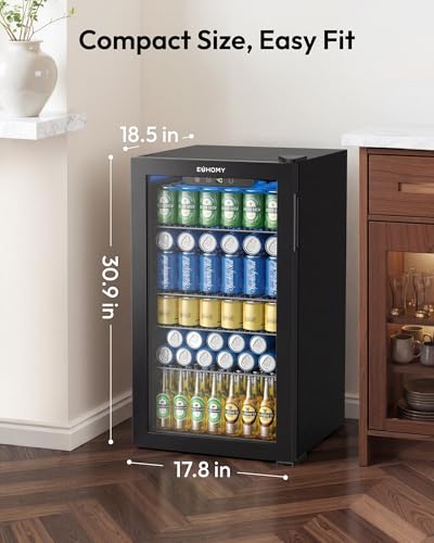 EUHOMY Mini Fridge 130 Can Beverage Refrigerator Cooler Glass Door for Soda Wine Beer, Beverage Cooler for Home, Bar, Office with Digital Temperature Control Removable Shelves, Black