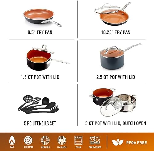 GOTHAM STEEL 15 Pc Ceramic Cookware Set, Ceramic Pots and Pans Set Non Stick with Cooking Utensils and Steamer, Non Toxic PFOA PFOS Free, Premium Stay Cool Handles, Oven & Dishwasher Safe