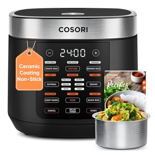 Cosori Rice Cooker 10 Cup, 24h Keep Warm, Non-stick Ceramic Inner Pot, 18 Functions Fuzzy Logic Rice Maker with Stainless Steel Steamer Basket, Sauté, Slow Cooker, Black