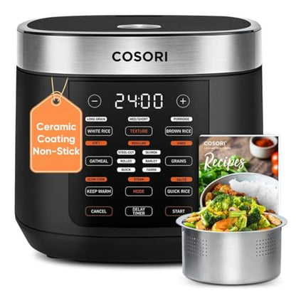 Cosori Rice Cooker 10 Cup, 24h Keep Warm, Non-stick Ceramic Inner Pot, 18 Functions Fuzzy Logic Rice Maker with Stainless Steel Steamer Basket, Sauté, Slow Cooker, Black