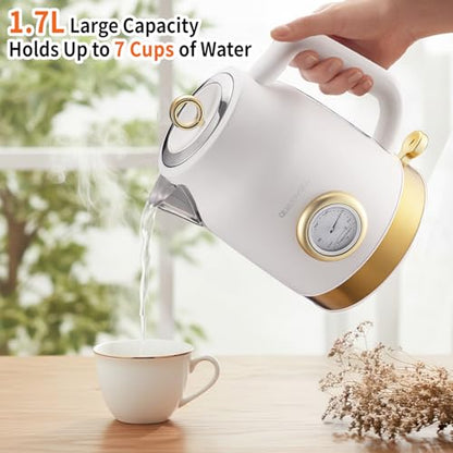QUAXWELL Retro Electric Tea Kettle, 1.7L, Matte White and Gold