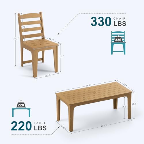 ACUEL HDPE Patio Dining Set for 6, 7 Pcs Outddor Table & Chairs, Teak Color