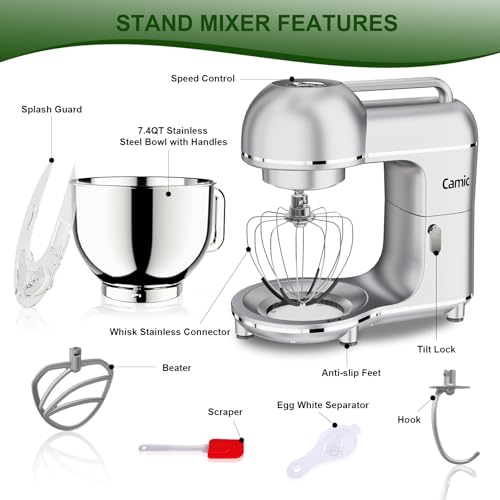 Camic 7.45 QT Tilt-Head Stand Mixer, Electric Mixer for Baking (Silver)
