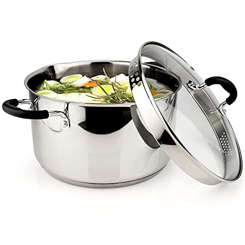 AVACRAFT Stainless Steel Stockpot with Glass Strainer Lid, 6 Quart Stock Pot, Soup & Saucepan Cookware, Side Spouts, Multipurpose, Induction Pan, (5-Ply Capsule Bottom, 6QT)