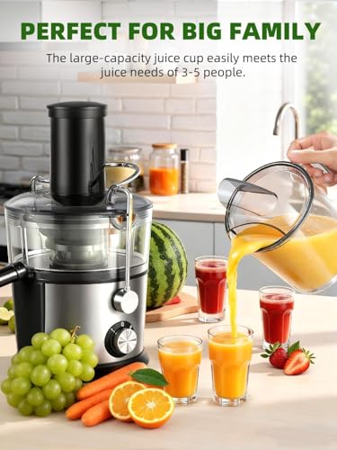 Juicer Machines, 1200W Centrifugal Juicer Extractor with 3" Feed Chute, Dual Speeds, Heavy Duty Full Copper Motor, 35oz Large Juice Jug, Stainless Steel, Silver