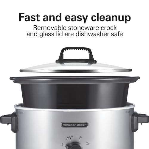 Hamilton Beach 6-Quart Slow Cooker with 3 Cooking Settings, Dishwasher-Safe Stoneware Crock & Glass Lid, Silver (33665G)