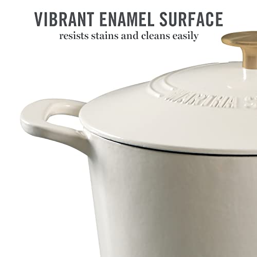 MARTHA STEWART Gatwick 7-Quart Enamel Cast Iron Dutch Oven – Linen White With Gold – Heavy-Duty Dutch Oven for Slow Cooking, Braising & Baking