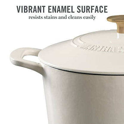 MARTHA STEWART Gatwick 7-Quart Enamel Cast Iron Dutch Oven – Linen White With Gold – Heavy-Duty Dutch Oven for Slow Cooking, Braising & Baking