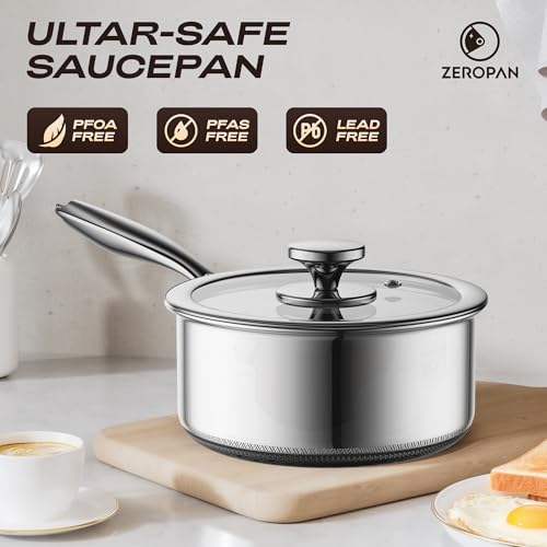 ZEROPAN 1 Quart Stainless Steel Saucepan with Glass Lid,6 Inch Hybrid Nonstick Sauce Pan,PFAS PFOA PTFE Free,Stay-Cool Handle,Dishwasher-Friendly,Oven-Safe,Small Pots Compatible with All Cooktops
