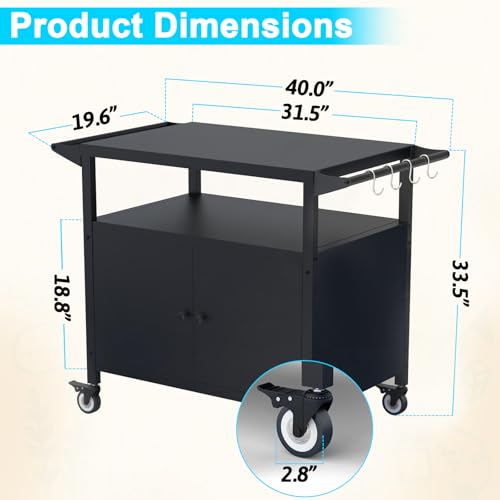 COZEER Outdoor Grill Table with Storage, Movable BBQ Grill Cart, Outdoor Kitchen Prep Station, Rolling Bar Serving Cart with Utensil Hooks, Blackstone Griddle Stand