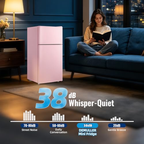 DEMULLER 45L Personal Double‑Door Mini Fridge With Freezer, Pink
