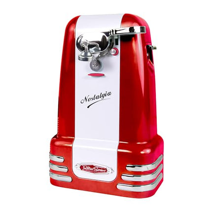 Nostalgia Retro Electric Can Opener for Kitchen with Magnetic Lid Remover, Knife Sharpener, and Soda or Beer Bottle Opener, Red