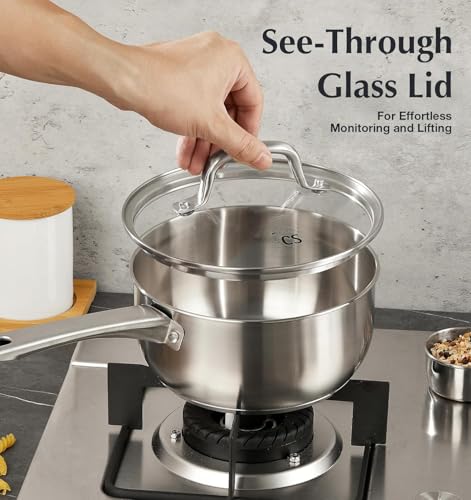 KOCH SYSTEME CS Stainless Steel Saucepan 1 Quart, 18/10 Stainless Steel Saucepan with Lid, Premium Steel Sauce Pan, Indutcion Sauce Pan with Lid, Small Cooking Pot, Oven Safe