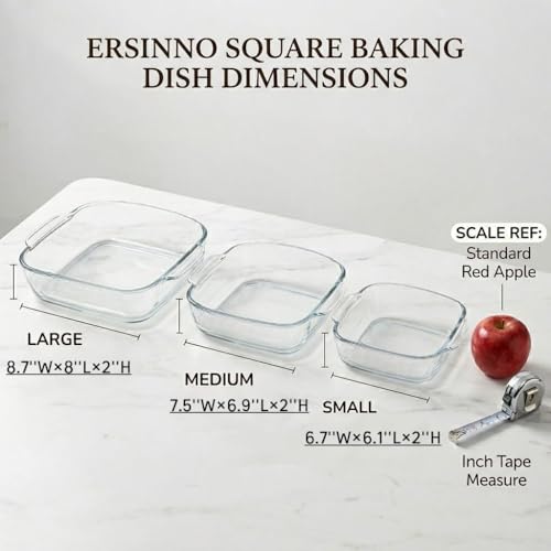 ERSINNO 3-Piece Borosilicate Glass Baking Dish Set - Nestable Square Casserole Dish for Oven, Microwave, Freezer - 752°F Heat Resistant, Clear Glass Roasting Pans for Lasagna, Leftovers, Meal Prep（1 QT,1.2 QT,2 QT)