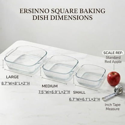 ERSINNO 3-Piece Borosilicate Glass Baking Dish Set - Nestable Square Casserole Dish for Oven, Microwave, Freezer - 752°F Heat Resistant, Clear Glass Roasting Pans for Lasagna, Leftovers, Meal Prep（1 QT,1.2 QT,2 QT)