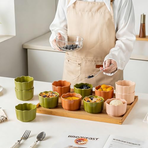Krokori 6-Piece 6 Oz Scallop Ceramic Ramekins Set - Porcelain Baking Bowls with Elegant Scallop Rim for Creme Brulee, Souffle, Pudding, Ice Cream & Dipping, Oven-Safe, Durable & Space-Saving, Moss Green