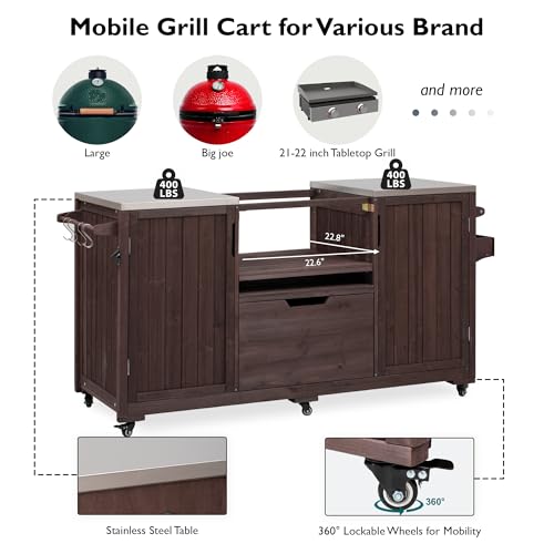Merax 66.5" Outdoor Grill Table for Big Green Egg, Farmhouse Kitchen Island on Wheels with Stainless Steel Tabletop, Drawer and Spice Rack, Solid Wood Outdoor Storage Cabinet for Backyard, Dark Brown