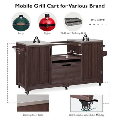 Merax 66.5" Outdoor Grill Table for Big Green Egg, Farmhouse Kitchen Island on Wheels with Stainless Steel Tabletop, Drawer and Spice Rack, Solid Wood Outdoor Storage Cabinet for Backyard, Dark Brown