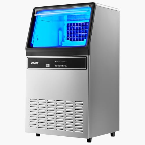 VEVOR Commercial Ice Maker Machine, 120 lbs/24H Ice Production, 19-33 lbs Storage Bin, 45 Cubes per Cycle, Stainless Steel Under Counter & Freestanding Ice Maker with LED Display, Self-Cleaning