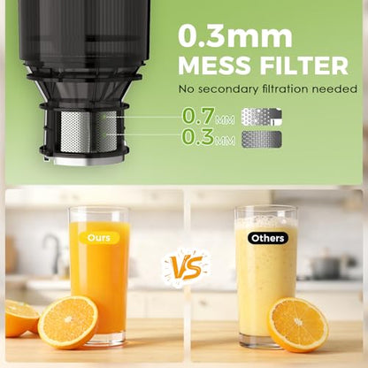 Cold Press Juicer with 5.3" Extra Wide Feed Chute, Slow Masticating Juicers Machines for Whole Fruit and Vegetable, High Yield Fruit Juicer, Easy Clean Design, BPA-Free