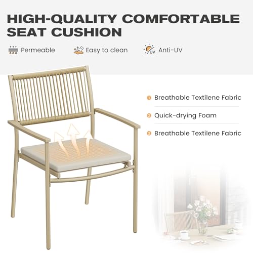 7 Pieces Outdoor Dining Set for 6, 55” Large Steel Dining Table with Umbrella Hole, Wicker Patio Table and Rattan Chairs for Garden/Deck/Yard/Porch, Matte Metal Spray Coating Patio Dining Set,Beige