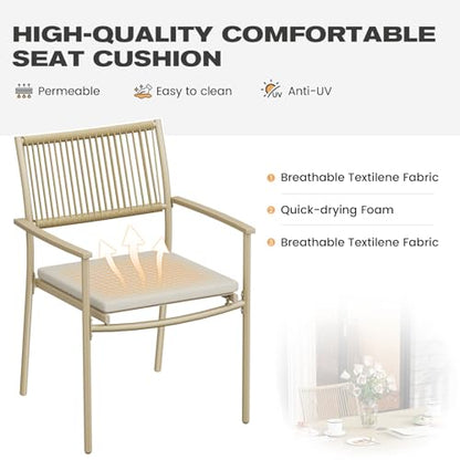 7 Pieces Outdoor Dining Set for 6, 55” Large Steel Dining Table with Umbrella Hole, Wicker Patio Table and Rattan Chairs for Garden/Deck/Yard/Porch, Matte Metal Spray Coating Patio Dining Set,Beige