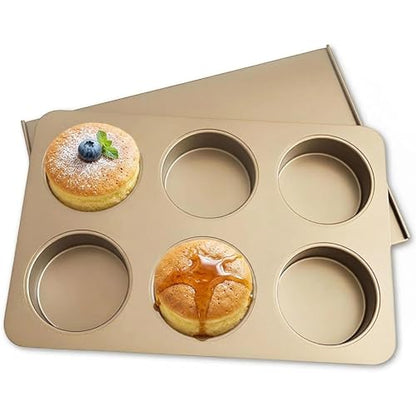 JSJMOFA 6 Cup English Muffin Pan with Sliding Lid, Nonstick Carbon Steel Hamburger Bun Mold, 2-in-1 Proof & Bake Pan for Breakfast Egg Sandwiches, Quiches, and Meal, 3.35 Inch Cavities