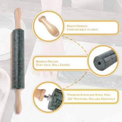 Koville Marble Rolling Pin, Non-Stick Stone Dough Roller, Rolling Pin for Baking,Pasta, Dumpling, Ravioli, Fondant,Pie Crust, Kitchen Baking Pastry Tools