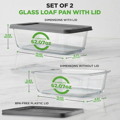 NutriChef 4 Piece Glass Loaf Pan Set with Lids - Stackable 1.9 QT/62oz Glass Bread Baking Dishes - 2 Food Storage Containers + 2 Airtight Lids, Oven & Microwave Safe, Dishwasher Safe - Clear