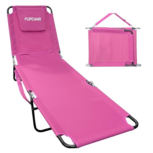 EASYGO PRODUCTS Lawn Chair Chaise Lounge 2 Legs Support Polyester Material Reclining Backrest Head Rest Pillow Great for Beach, Home, Backyard, Outdoor, Patio, Pool, Camping, Lawn or Deck Color Pink