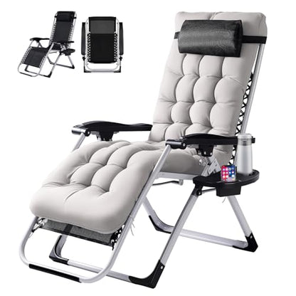 VINGLI Padded Zero Gravity Chair, Lounge Chair with Removable Cushion & Tray， Folding Reclining Patio Chairs， Recliner Chair for Lawn，Indoor and Outdoor