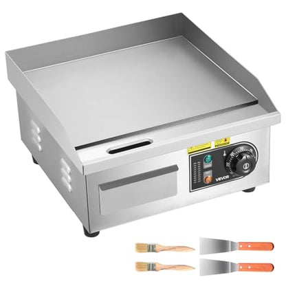 VEVOR 14" Commercial Electric Griddle,110V 1500W Electric Countertop Griddle Non-Stick Restaurant Teppanyaki flat top Grill Stainless Steel 122°F-572°F Adjustable Temperature Control(No Plug)