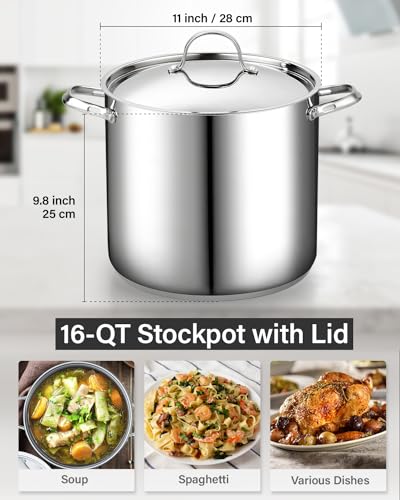 Cooks Standard Classic Stainless Steel Stock Pot with Lid, Large Cooking Pot for Pasta, Soup, Spaghetti, Oven Safe, Dishwasher Safe, Induction Compatible Cookware, 16-Quart