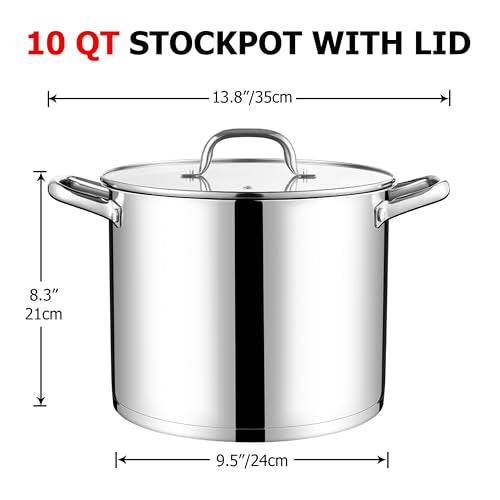 LIANYU 10 Quart Pot with Lid, 10 QT Tri-ply Stainless Steel Stockpot, Heavy Duty Deep Canning Soup Cooking Pot for Gas, Electric, Stoves, Induction, Riveted Handles, Dishwasher Safe
