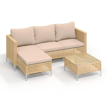 Ophelian Small L-Shaped Patio Furniture Set - Weather Resistant Wicker Sectional Chaise Sofa with Thick Cushions & Tempered Glass Coffee Table for Small Spaces, Balcony, Apartment