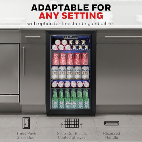 Honeywell Beverage Refrigerator and Cooler, 116 Can Mini Fridge with Glass Door for Soda Beer or Wine for Office or Bar with Adjustable Removable Shelving, Commercial Grade