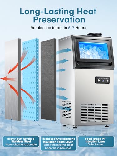 Commercial Ice Maker Machine, 100LBS/24H Freestanding & Undercounter Ice Machine with 2 Water Inlets, 40 PCS/Cycle and 20LBS Storage Bin, Stainless Steel, LED Display & Self-Cleaning for Home Bar