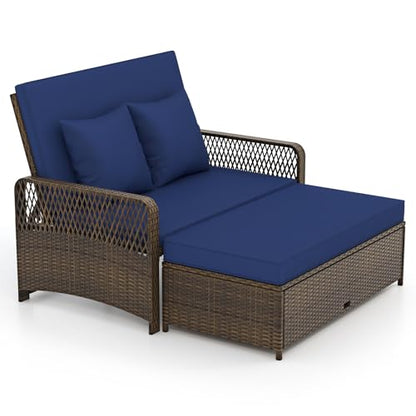 Tangkula Patio Rattan Daybed with 4-Level Adjustable Backrest, Navy